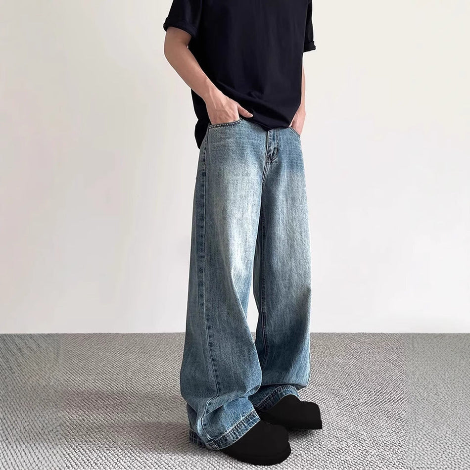 Boys Loose Straight Jeans Retro Washed Wide Leg Denim Pants