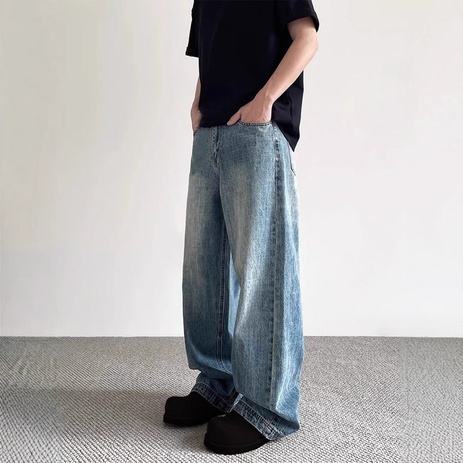 Boys Loose Straight Jeans Retro Washed Wide Leg Denim Pants