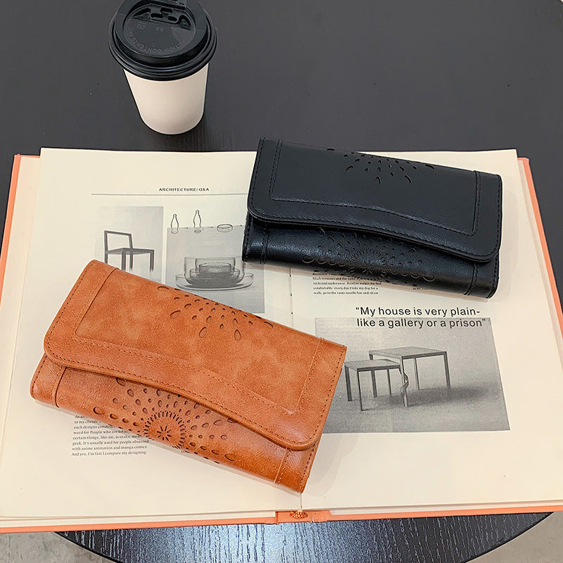 Retro Hollow Three Fold Women's Wallet Large Capacity Clutch
