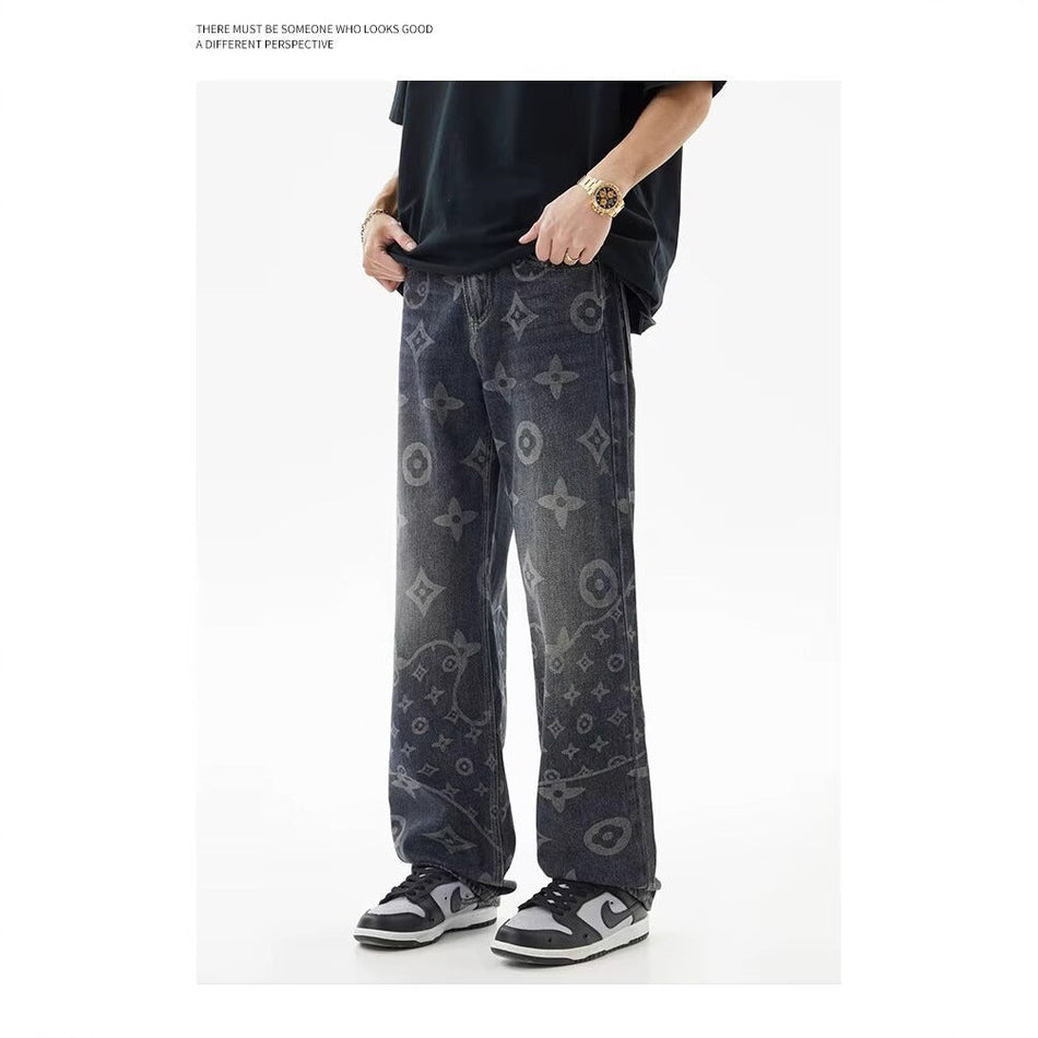 Men's Full Print Denim Jeans Loose Straight Wide Leg Pants