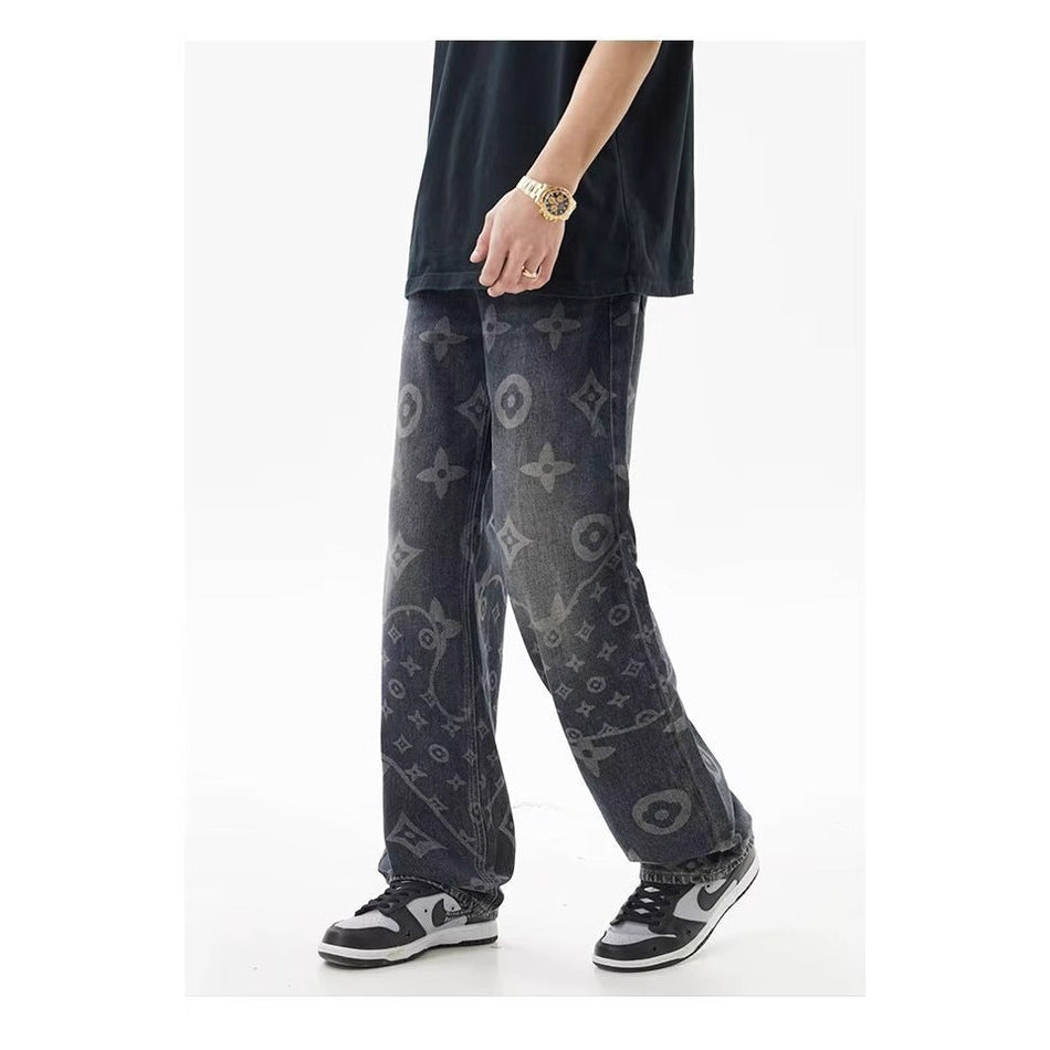 Men's Full Print Denim Jeans Loose Straight Wide Leg Pants