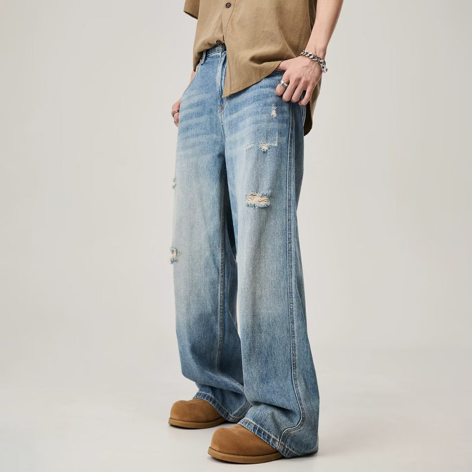 Men's Ripped Straight Jeans Oversize Loose Wide Leg Denim Pants