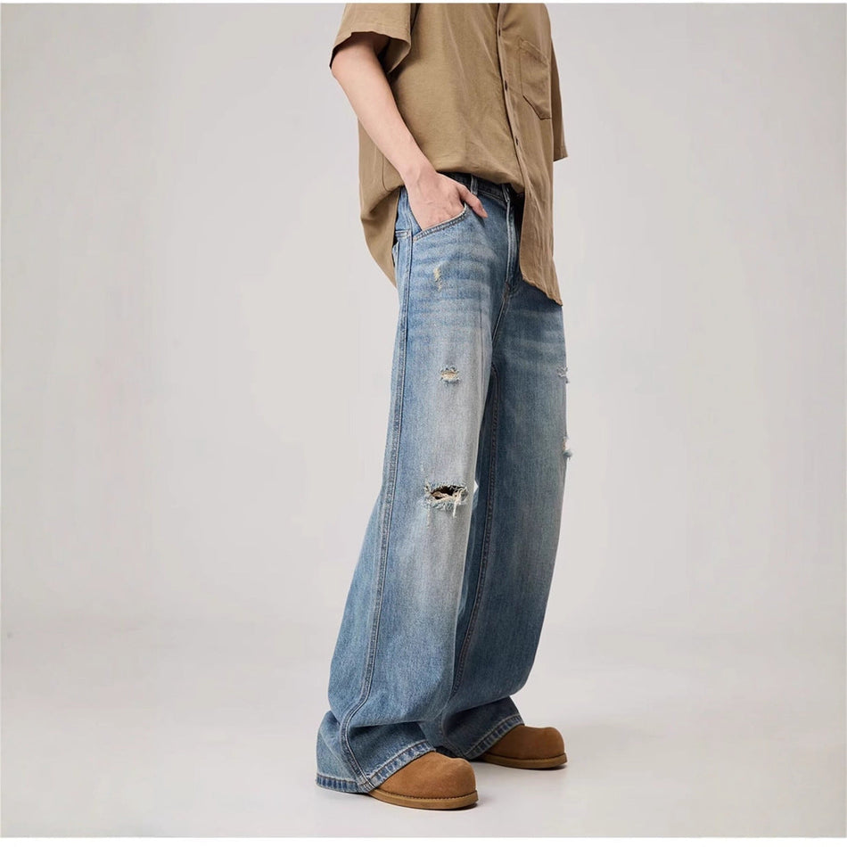 Men's Ripped Straight Jeans Oversize Loose Wide Leg Denim Pants