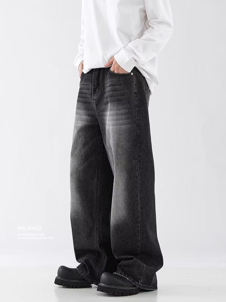 Men's Vintage Washed Straight Jeans Distressed Loose Wide Leg