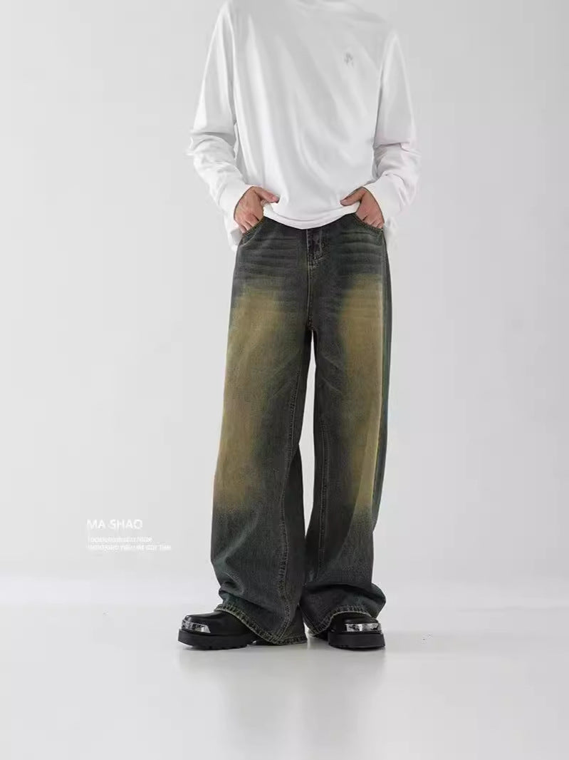 Men's Vintage Washed Straight Jeans Distressed Loose Wide Leg