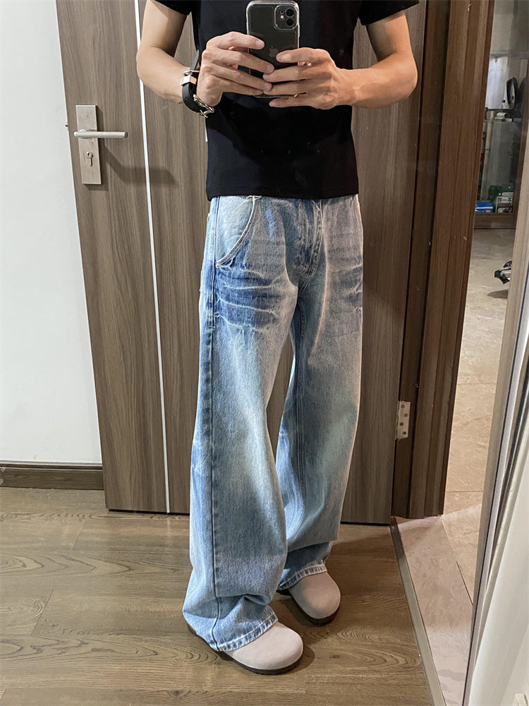Men's Lightning Washed Light Blue Jeans Loose Straight Casual