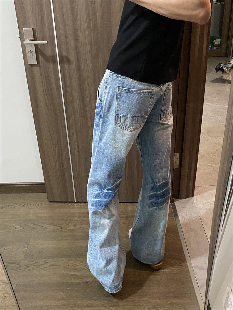 Men's Lightning Washed Light Blue Jeans Loose Straight Casual