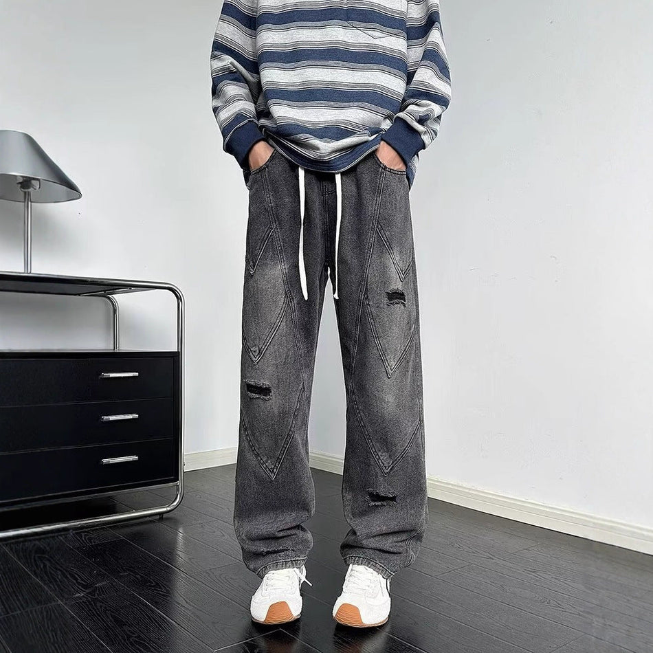 Men's Retro Ripped Straight Jeans Loose High Street Casual Pants