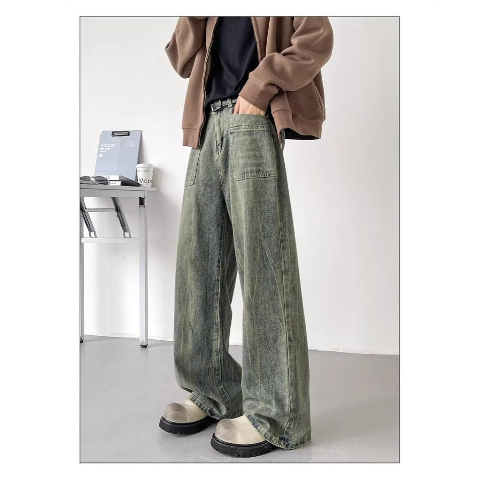 Men's American Retro Cracked Jeans Loose Straight Wide Leg Pants