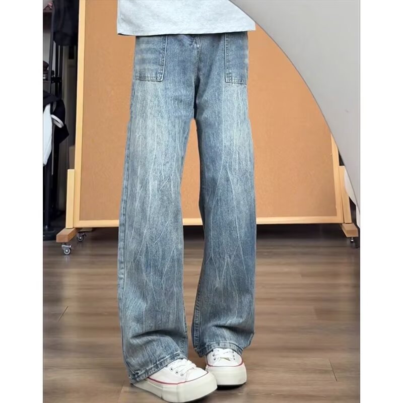 Men's American Retro Cracked Jeans Loose Straight Wide Leg Pants