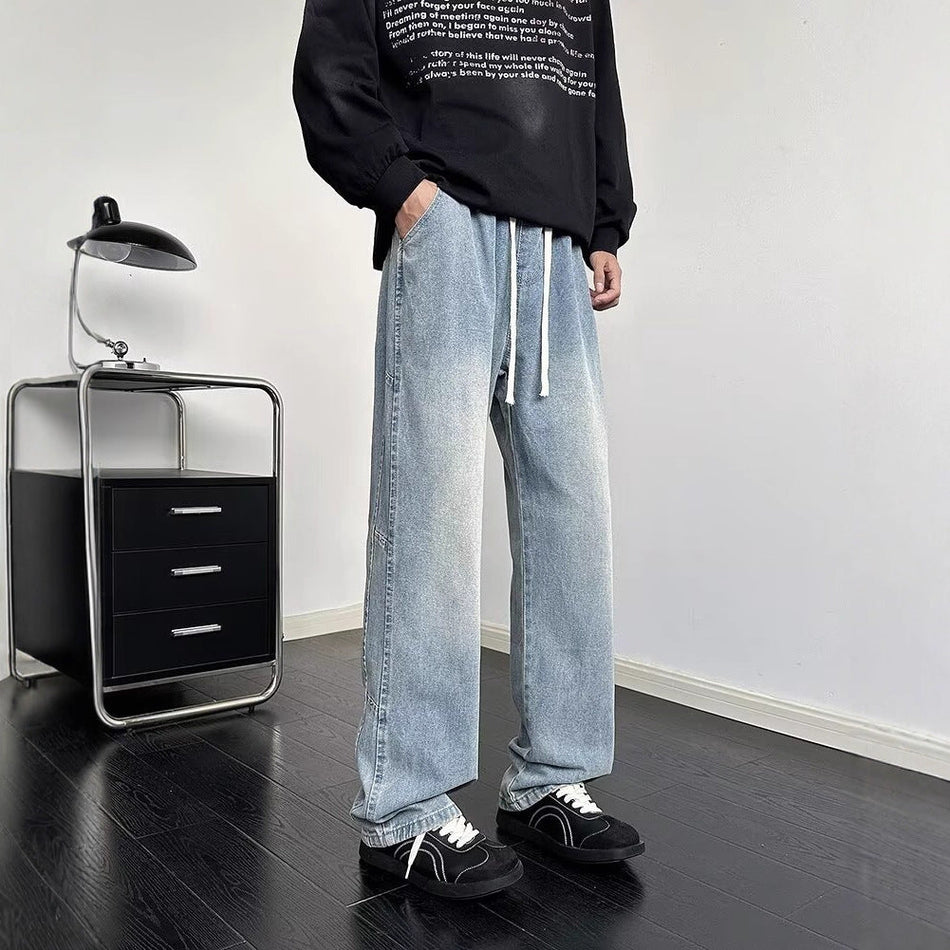 Men's Cleanfit Washed Straight Jeans Loose Drawstring Casual