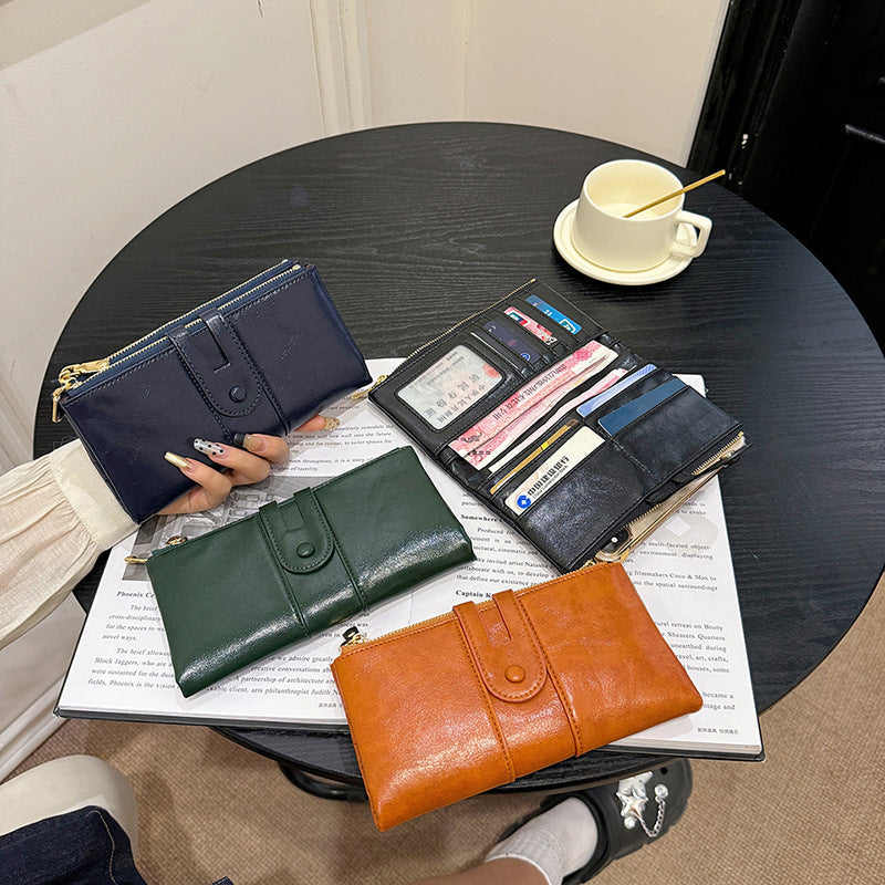 Vintage Oil Wax Leather Long Wallet Clutch for Women