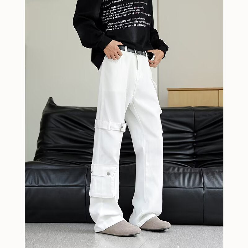Men's Lace-Up Bootcut Jeans Loose Straight Wide Leg Cargo Pants