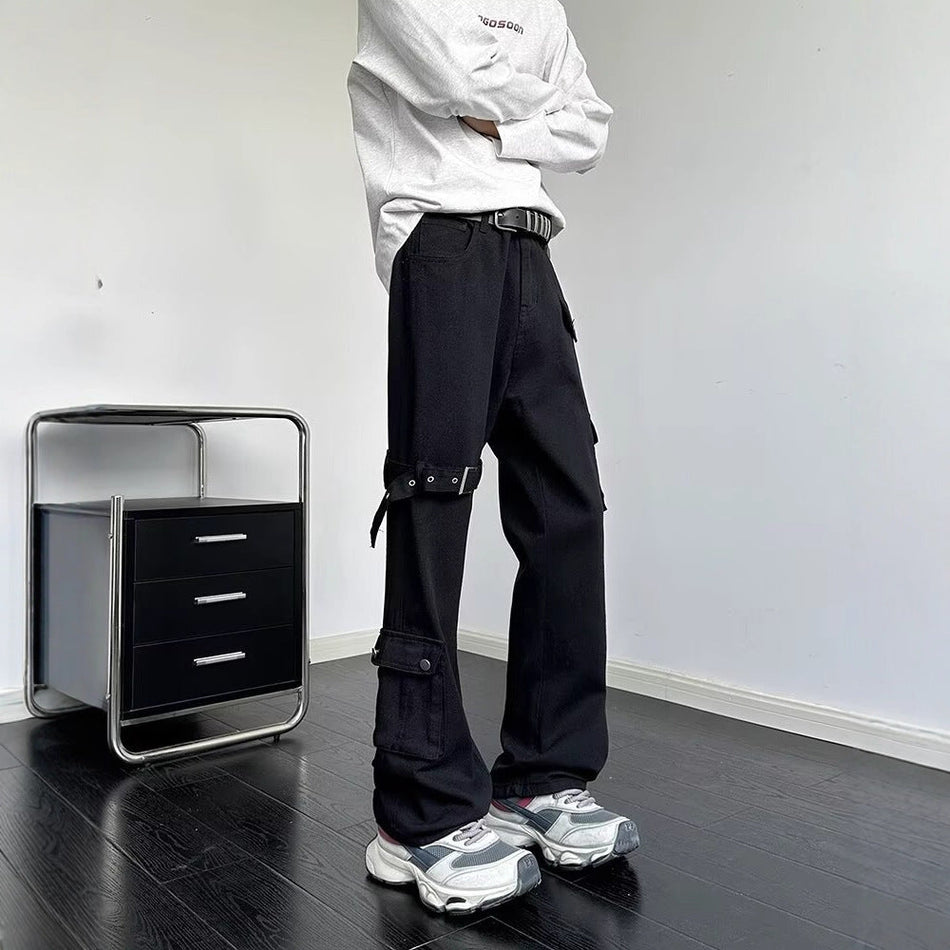 Men's Lace-Up Bootcut Jeans Loose Straight Wide Leg Cargo Pants