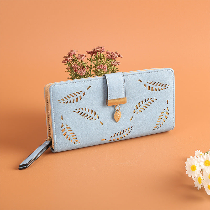 Hollow Leaf Long Zipper Women's Wallet with Clasp Design
