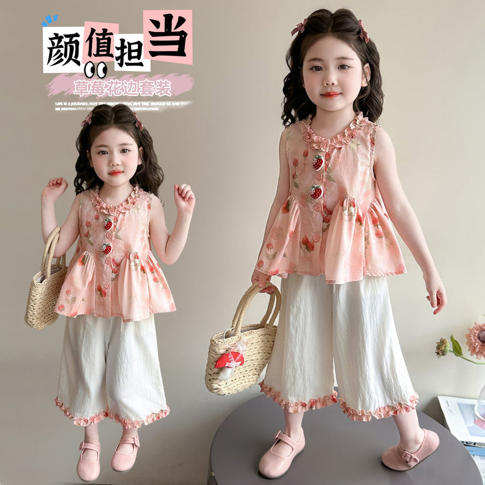 Girls Sleeveless Doll Top and Wide-Leg Pants Summer Set