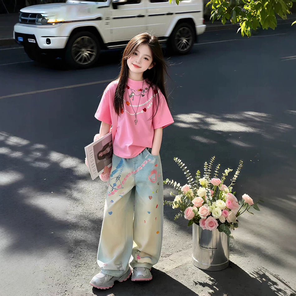 Girls Denim Shorts and T-Shirt Set Casual Summer Outfit