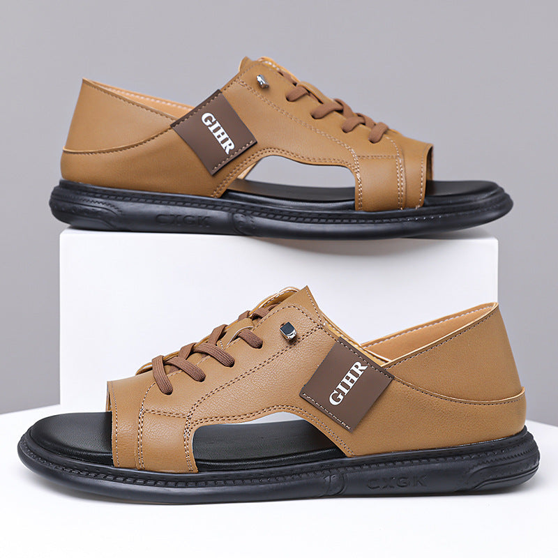 Men's Open-Toe Leather Sandals with Soft Non-Slip Sole