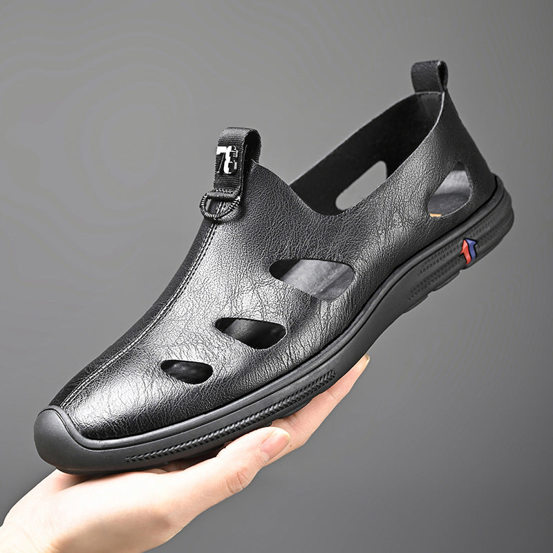 Men's Hollow Cowhide Sandals with Soft Non-Slip Rubber Sole Shoes