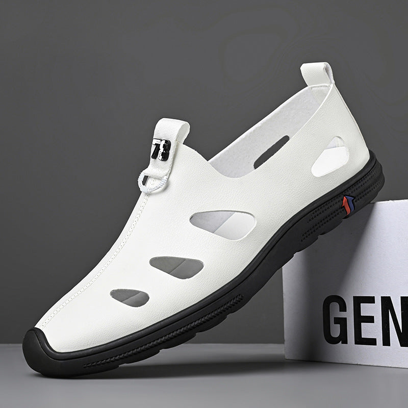 Men's Hollow Cowhide Sandals with Soft Non-Slip Rubber Sole Shoes