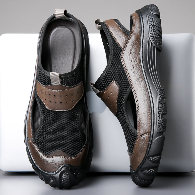 Men's Genuine Leather Mesh Sandals Breathable Soft Rubber Sole