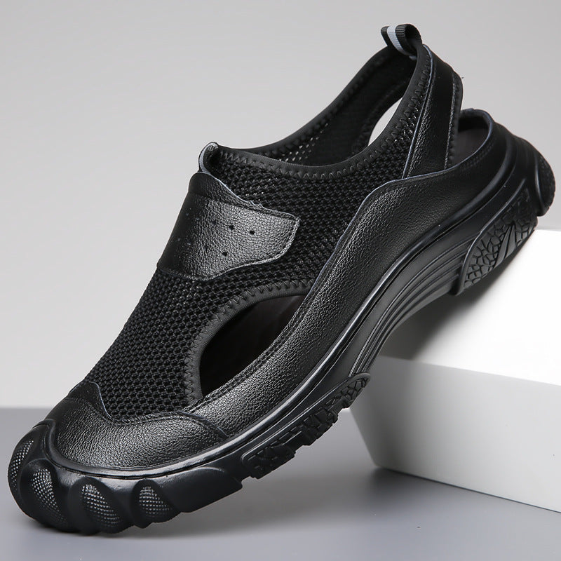 Men's Genuine Leather Mesh Sandals Breathable Soft Rubber Sole