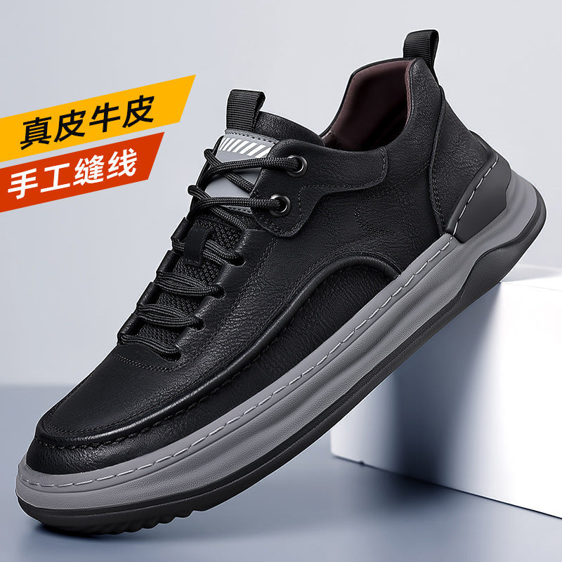 Men's Cowhide Thick Sole Board Shoes Breathable Casual Sneakers