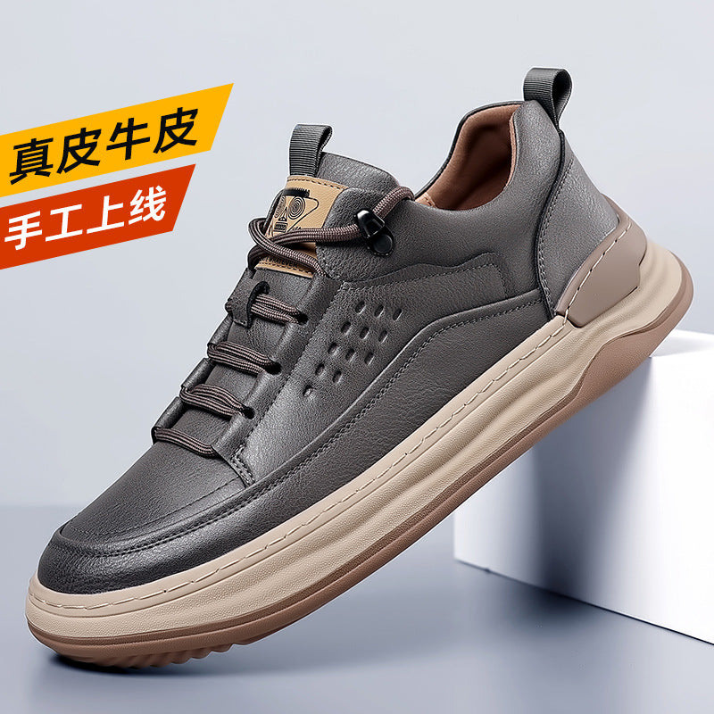 Men's Cowhide Thick Sole Sneakers Breathable Casual Lace-Up Shoes