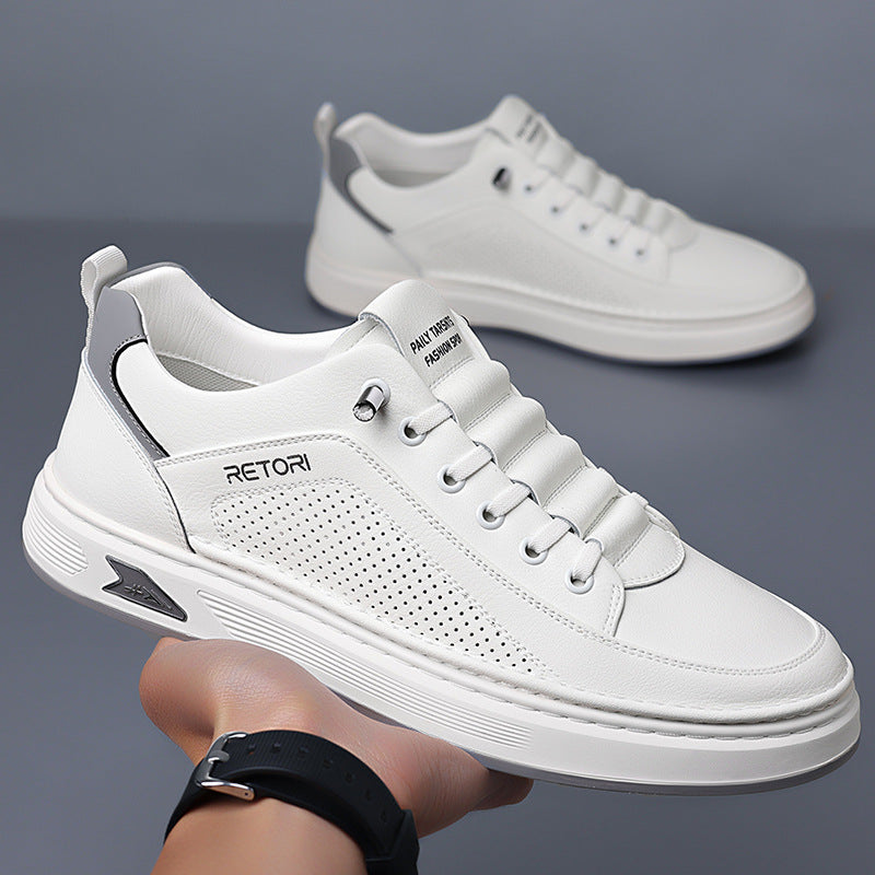 Men's Cowhide Hollow Breathable Casual White Leather Shoes