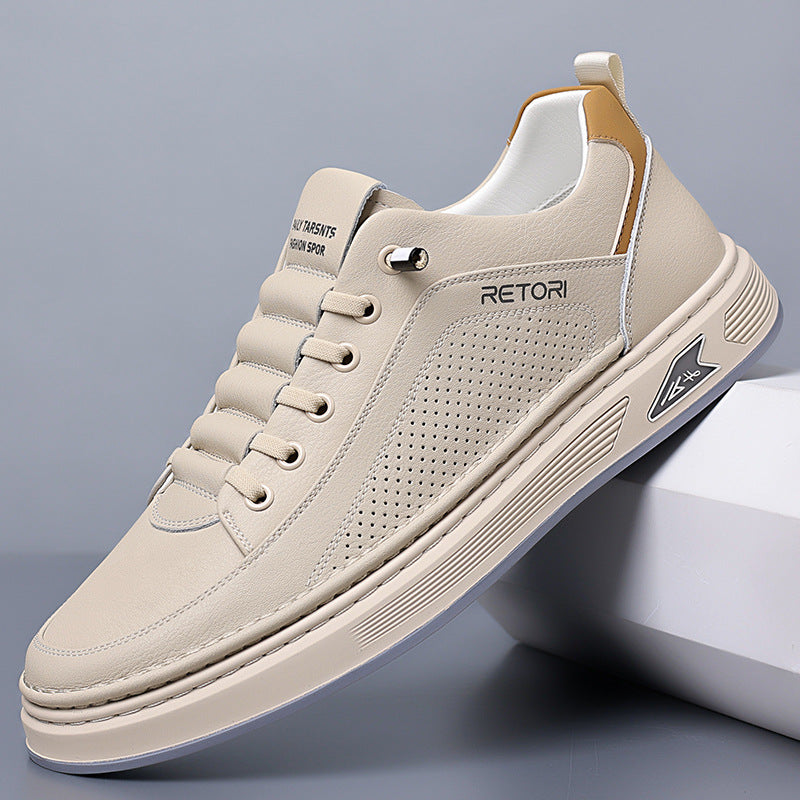 Men's Cowhide Hollow Breathable Casual White Leather Shoes