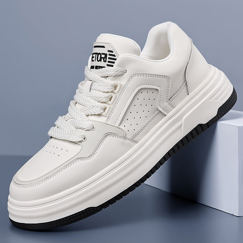 Men's Cowhide Thick Sole Skate Sneakers Breathable Casual White