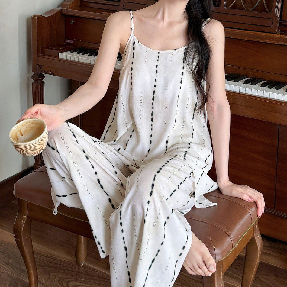 Women’s Cotton Silk Suspender Pajama Set with Chest Pads