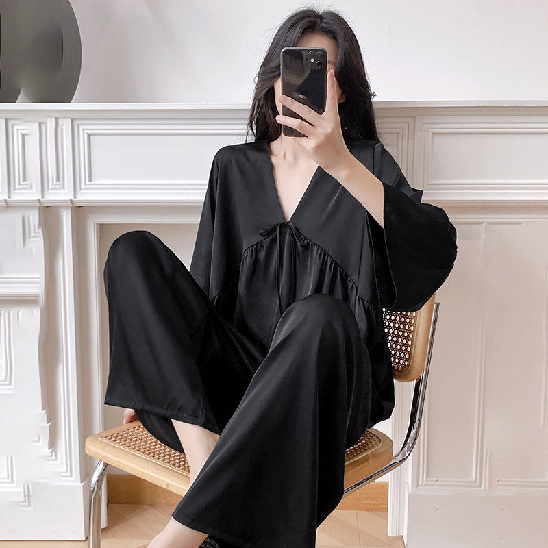 Women’s Ice Silk Pajama Set Long Sleeve Plus Size Luxury