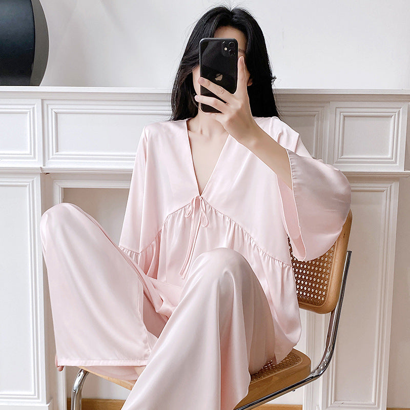 Women’s Ice Silk Pajama Set Long Sleeve Plus Size Luxury
