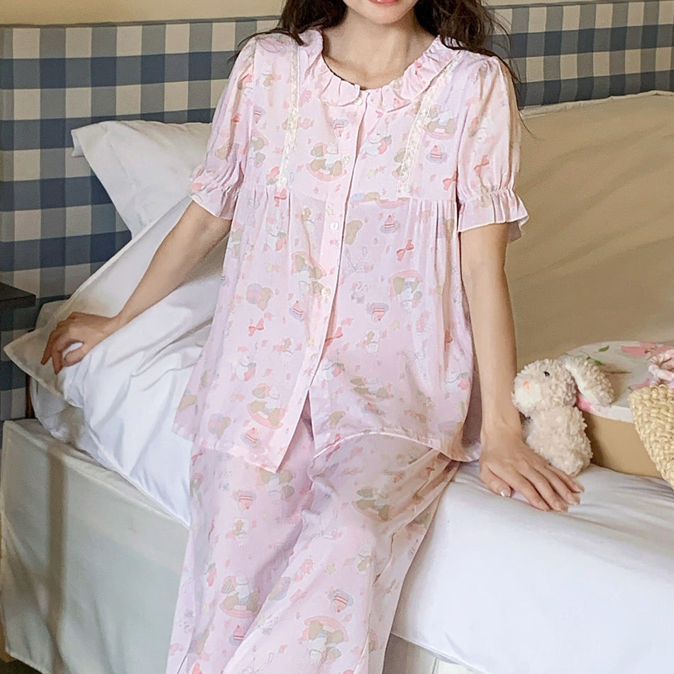 Women’s Doll Collar Lyocell Cotton Pajama Set Short Sleeve