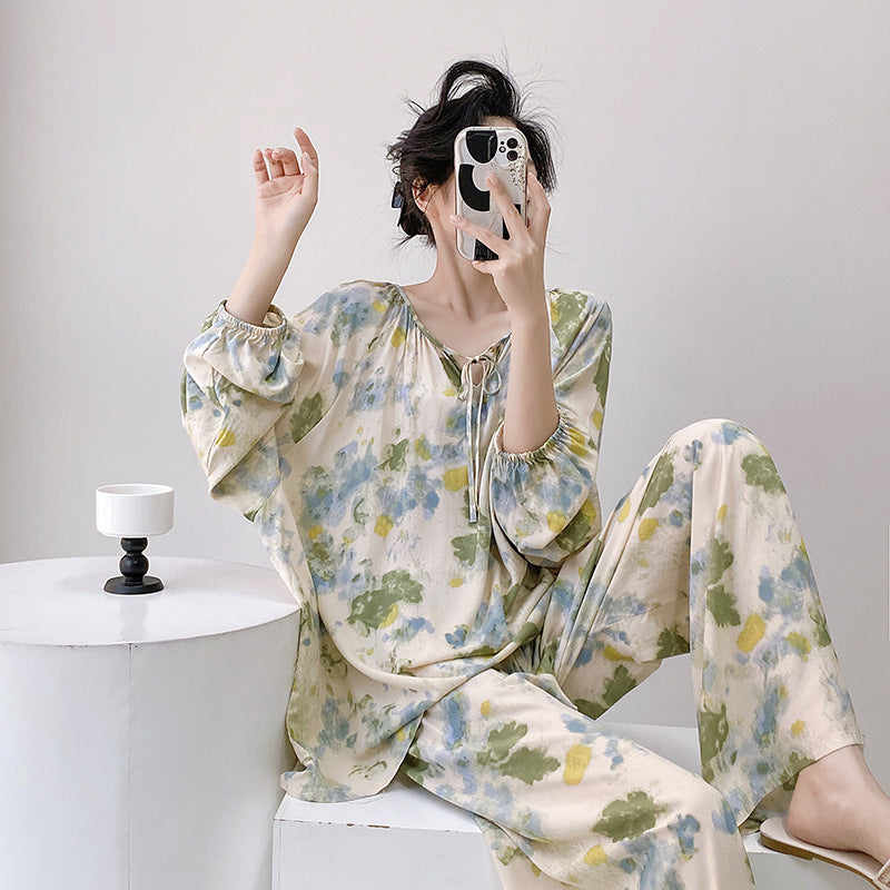 Women’s Cotton Silk Printed Pajama Set Plus Size Long Sleeve