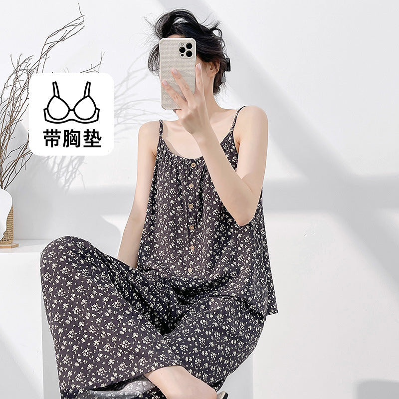 Women’s Striped Camisole Cotton Silk Nightgown with Pads