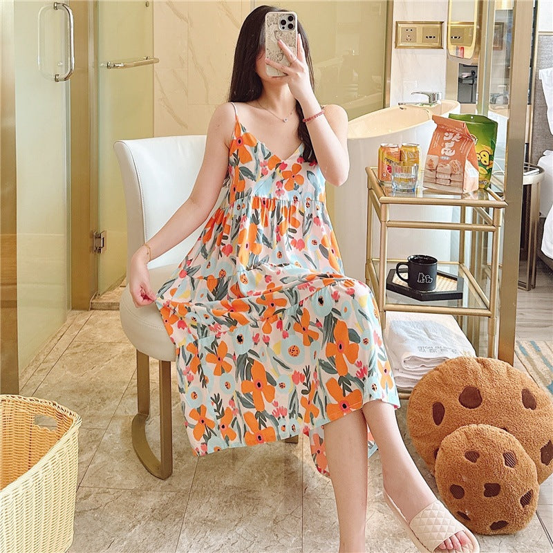 Women’s Cotton Silk Suspender Nightgown Long Dress Home Wear