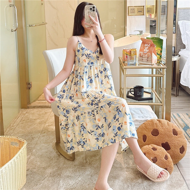 Women’s Cotton Silk Suspender Nightgown Long Dress Home Wear