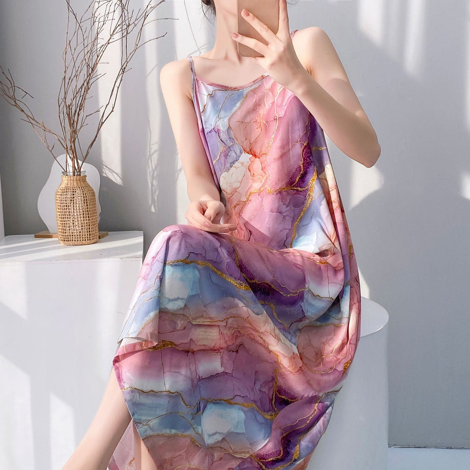 Women’s Cotton Silk Strappy Nightgown Vacation Long Dress