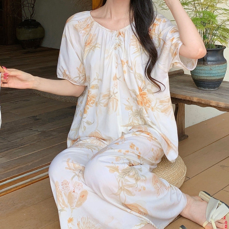 Women’s Cotton Silk Pajama Set Short Sleeve Long Pants Plus Size
