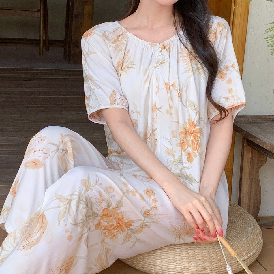 Women’s Cotton Silk Pajama Set Short Sleeve Long Pants Plus Size
