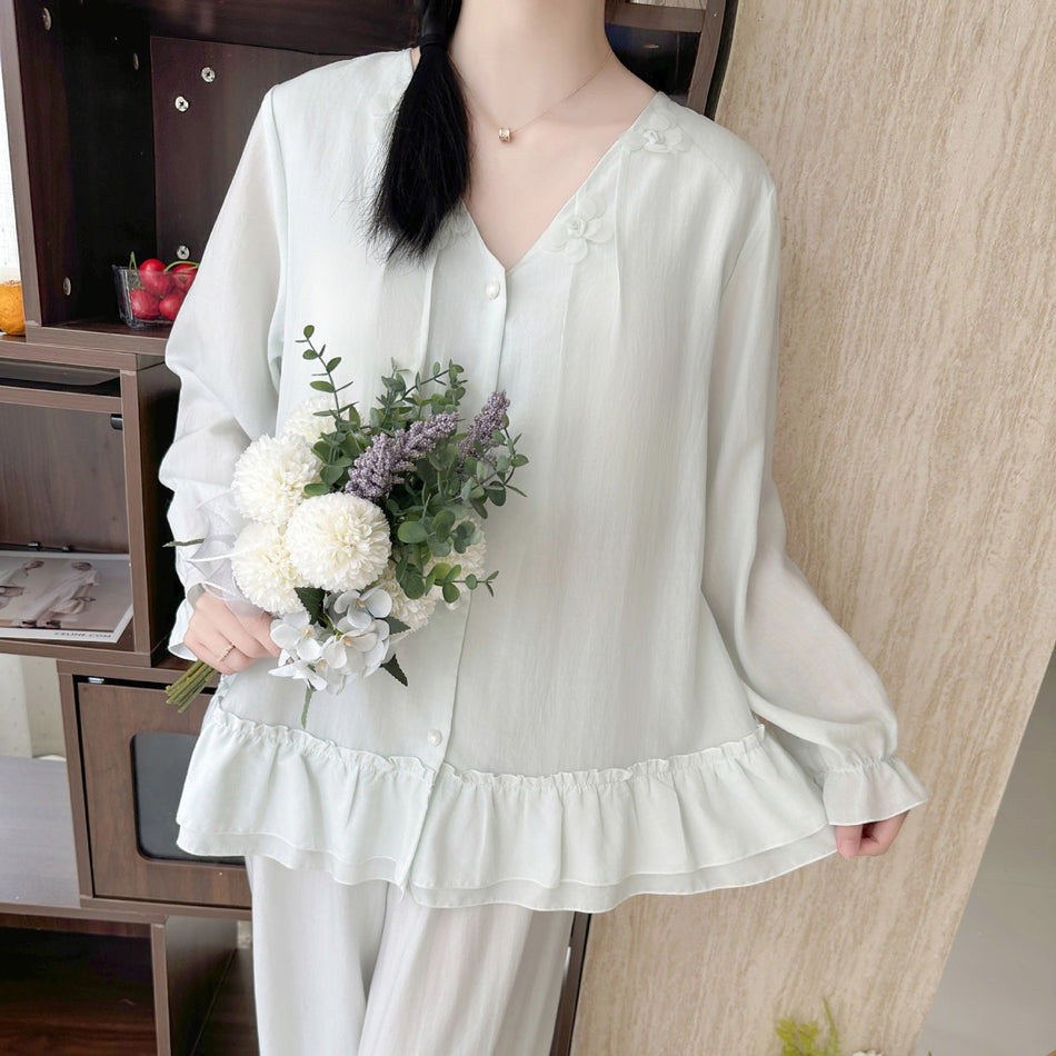 Women’s Lyocell Pajama Set Long Sleeve Home Wear with Pads