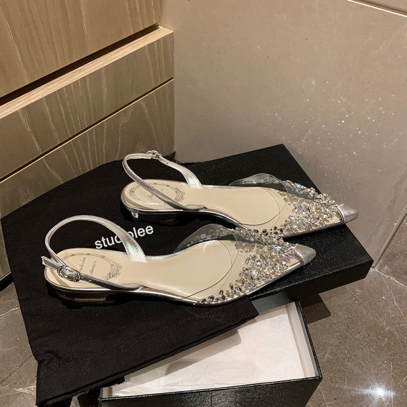Women’s Rhinestone Transparent Crystal Flat Sandals Pointed Toe