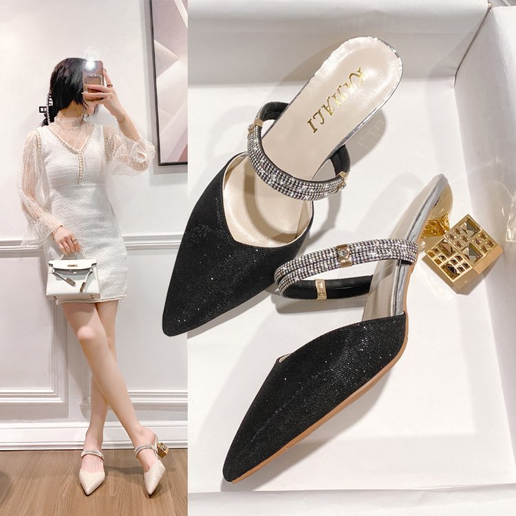 Women’s Rhinestone Pointed Toe Thick Heel Baotou Sandals