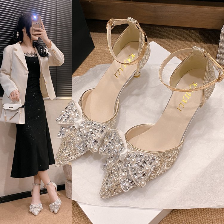 Women’s Rhinestone Pointed Toe Buckle High Heel Sandals