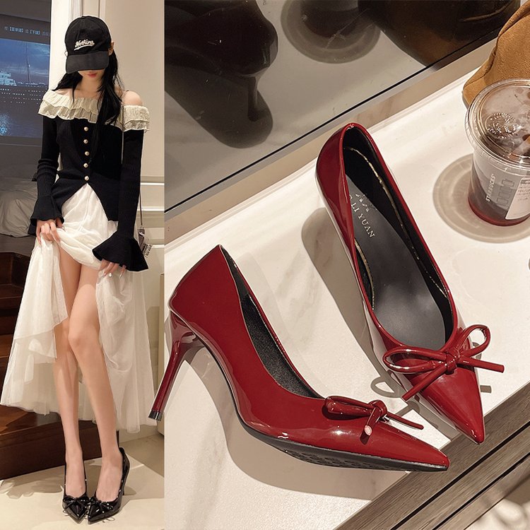 Women’s Burgundy Bow Patent Leather Stiletto High Heels