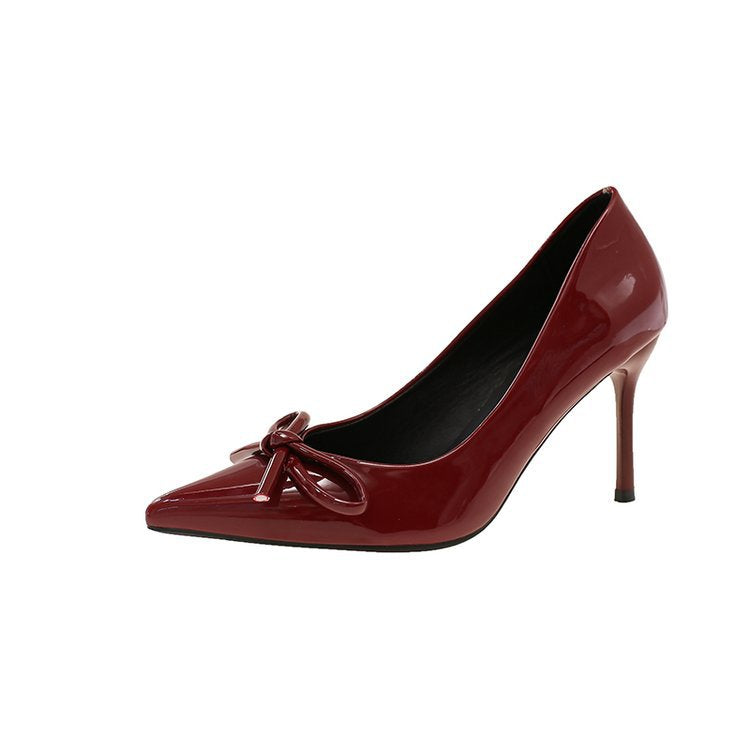 Women’s Burgundy Bow Patent Leather Stiletto High Heels