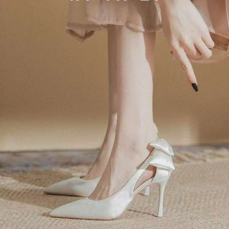 Women's Bow Pointed Toe Bridal Stiletto Pumps Nude Heels