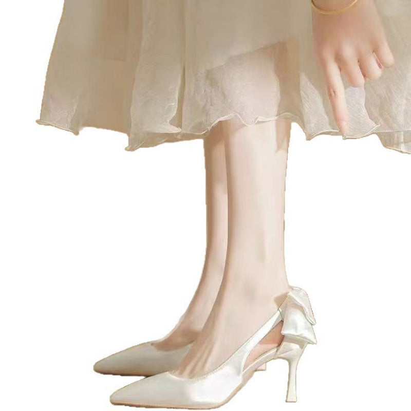 Women's Bow Pointed Toe Bridal Stiletto Pumps Nude Heels